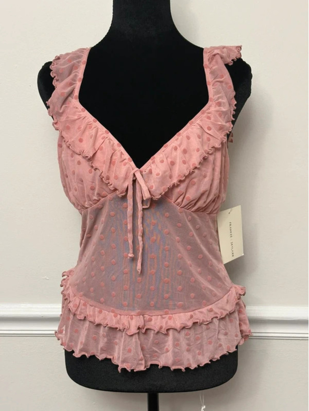 Y2K frankee & Skylar Dusty Rose Swiss Dot Mesh Ruffle Top NWT